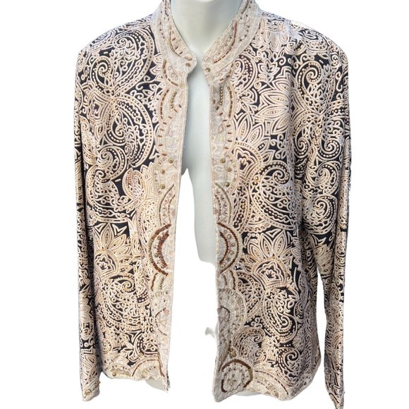 Chico's Long Sleeve Floral 100% Silk Open Front Beaded Jacket Cream & Black SZ 2 - Picture 1 of 6